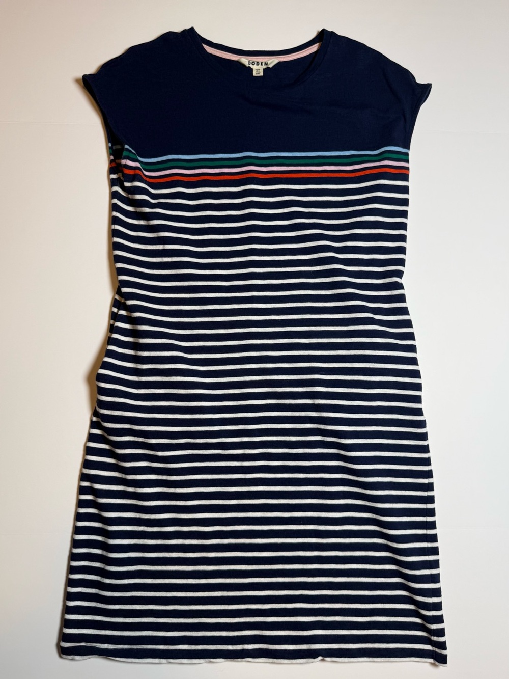 Boden Paulina Striped Navy White Cotton T-Shirt Dress  Cap Sleeve Size 12 Long